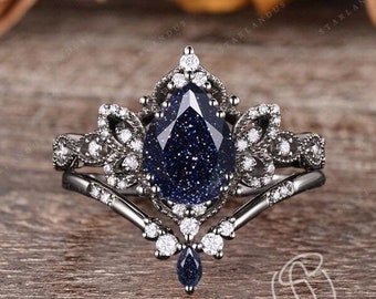 Gothic Butterfly Engagement Ring Set Black Gold Pear Shaped Blue Sandstone Ring Moissanite Wedding Band Unique Witchy Ring Gift For Her