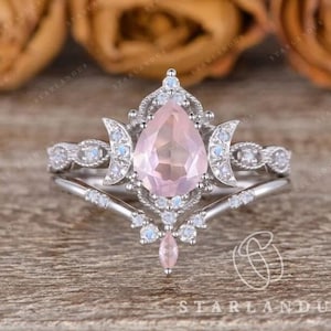 Moonstone Rose Quartz Engagement Ring 2pcs Boho Pear Shaped Bridal Set White Gold Unique Vine Marquise Crystal Ring Women Art Deco Ring