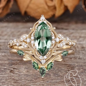 Vintage Inspired Marquise Green Sapphire Engagement Ring Set Yellow Gold Bridal Set Floral Leaf Wedding Ring Set Anniversary Gifts for Her