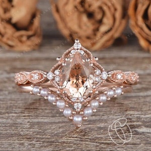 Pear Shaped Morganite Engagement Ring Rose Gold Vine Flower Stacking Rings Unique Vintage Inspired Ring Birthstone Pearl Wedding Band Gift