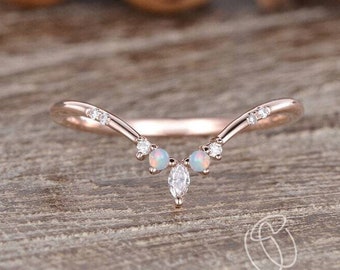 LAB Opal Wedding Band Women Custom Fit Rose Gold Wedding Band Women Marquise Moissanite Wedding Band Cluster Ring Promise Ring Chevron Ring
