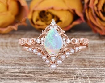 Vintage Lab White Opal Engagement Ring Pearl Chevron Wedding Band Rose Gold Vine Ring Pink Fire Flower Stacking Ring Unique Pear opal Ring