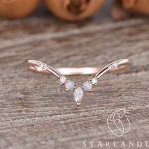 LAB Opal Wedding Band Women Custom Fit Rose Gold Wedding Band Women Marquise Moissanite Wedding Band Cluster Ring Promise Ring Chevron Ring