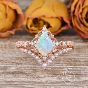 Vintage Lab White Opal Engagement Ring Pearl Chevron Wedding Band Rose Gold Vine Ring Pink Fire Flower Stacking Ring Unique Pear opal Ring