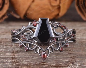Goth Coffin Black Moissanite Engagement  Set Black Gold Vine Floral Ring Natural Inspired Ring Set
