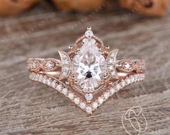 1.2ct Pear Shaped Moissanite Engagement Ring Rose Gold 1.2ct Moissanite Engagement Ring Vine Moon Ring Cluster Bridal Set 2pcs Stacking