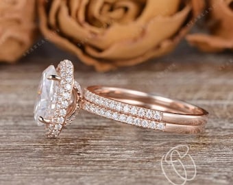 2ct Moissanite Ring Hidden Halo Bridal Set 2pcs Oval Cut Engagement Ring Rose Gold Wedding Ring Claw Prongs Stacking Ring Anniversary Gift