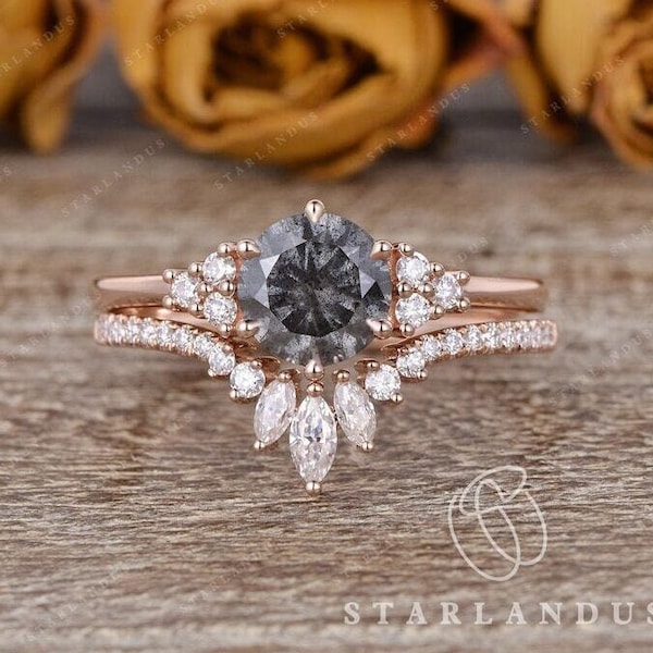 1ct Salt and Pepper Moissanite Ring Set 2pcs Rose Gold Engagement Ring White Gold Marquise Cluster Diamond Ring Unique Dust Moissanite Space