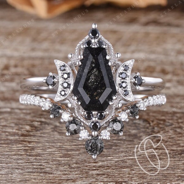 Gothic Engagement Ring Set Unique Coffin Cut Ring Black Rutilated Quartz Rings 2pcs Moon Ring White Gold Vintage Crystal Ring Promise Ring