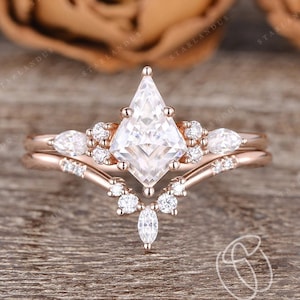 Unique Kite Cut Moissanite Engagement Ring Rose Gold Marquise Wedding Band Women Moissanite Bridal Set 2PCS Dainty Ring Wedding Ring Set