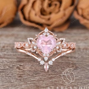 Unique Heart Shaped Rose Quartz Engagement Ring Set Inspired Butterfly Wedding Ring Set Rose Gold Art Deco Milgrain Bridal Set Crystal Ring