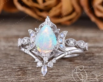 Opal moon Wedding Ring Unique White Opal Moonstone Engagement Ring Pear Shaped Bridal Set 2pcs Vine White Gold Wedding Ring Chevron Ring