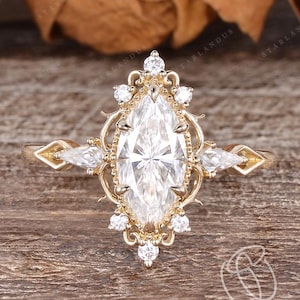 Vintage Marquise Moissanite Engagement Ring Inspired Floral Wedding Ring Filigree Yellow Gold Ring For Women Vine Promise Anniversary Ring