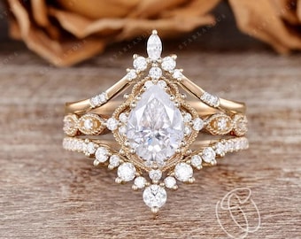 Vintage Moissanite Engagement Ring Set Pear Shaped Moissanite Yellow Gold Ring Bridal Set Art Deco Wedding Ring set Anniversary Gift for her