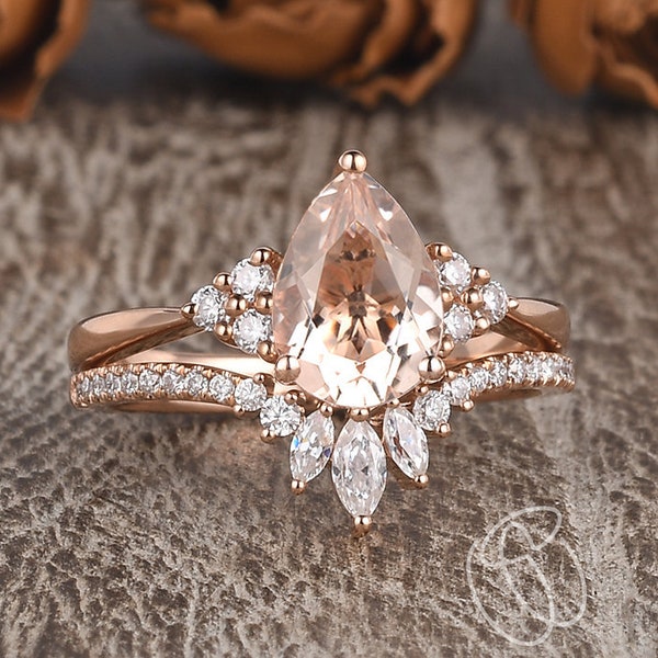 1.5ct Pear Shaped Morganite Ring Rose Gold Bridal Set Cluster Wedding Unique Morganite Engagement Ring Marquise Moissanite Chevron 2pcs