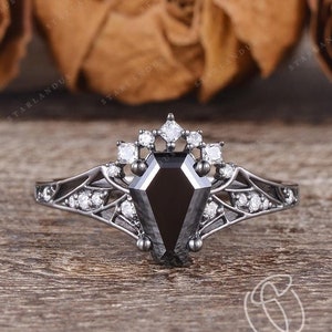 Unique Gothic Coffin Cut Black Moissanite Engagement Ring Black Gold Bat Ring Art Deco Wedding Ring Promise Ring Vampire Ring Promise Ring