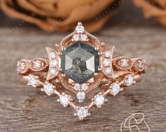 Hexagon Salt and Pepper Diamond Engagement Ring Set Unique Rose Gold Moissanite Wedding Band Women Moon Ring Vintage Bridal Set Milgrain