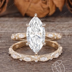 3ct Marquise Cut Lab Grown Diamond Engagement Ring Set Vintage Yellow Gold Unique Diamond Bridal Set Art Deco Milgrain Wedding Ring Set