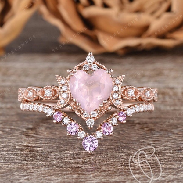 Heart Shaped Rose Quartz Engagement Ring Set Rose Gold Moon Ring Pink Crystal Bridal Set Vintage Ring Set Milgrain Pink Sapphire Ring Gift