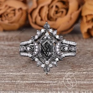 Vintage Hexagon Salt and Pepper Crystal Engagement Ring Set Black Gold Black Rutilated Quartz Ring Set Moon Crystal Ring Gothic Art Deco
