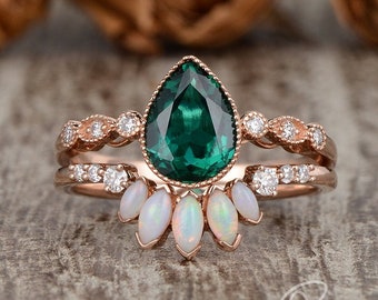Pear Shaped Engagement Ring Set 2pcs Lab Emerald Ring Opal Wedding Band Women Rose Gold Cluster Unique Rings Art Deco Milgrain Bezel Set