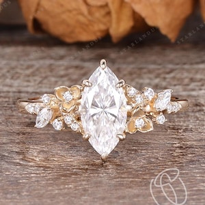 Vintage Natural Inspired Floral Ring Marquise Moissanite Engagement Ring Yellow Gold Art Deco Wedding Ring Leaf Ring Promise Ring For Her