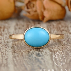 East West Bezel Set Turquoise Engagement Ring Rose Gold Plain Band December Birthstone Oval Cabochon Turquoise Solitaire Ring Minimalist