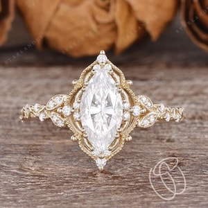 Vintage Moissanite Marquise Engagement Ring Yellow Gold Filigree Natural Inspired Floral Ring leaf Ring Art Deco Wedding Ring Twig Ring