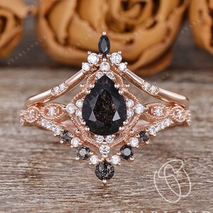 Unique Crystal Ring White Goldbridal Set 2pcs Black Rutilated