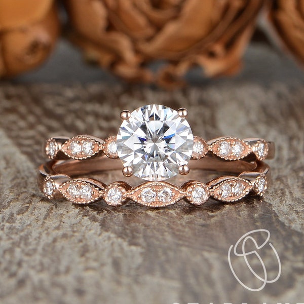 Art Deco Engagement Ring 2pcs Moissanite Bridal Set 1ct Moissanite Engagement Ring Rose Gold Ring Antique Solitaire Ring Milgrain Women