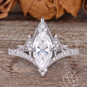 Vintage Gothic Marquise Moissanite Engagement Ring Yellow Gold Art Deco Wedding Ring Unique Milgrain Promise Ring Women Goth Ring Modern
