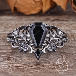 Goth Coffin Black Moissanite Engagement Ring Black Gold Ring Bat Spider Ring Witchy Wedding Ring Set Bridal Set Uniuqe Ring Gothic Ring