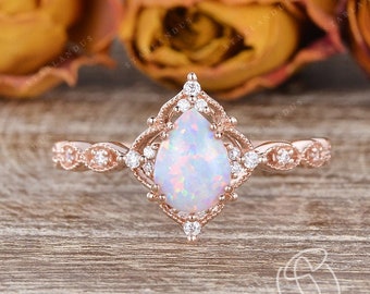 Lab White Opal Engagement Ring Art Deco Ring Antique Flower Inspired Ring Milgrain Halo Pear Shaped Opal Engagement Ring Rose Gold Women