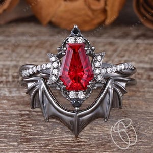 Gothic Bat Coffin Firework Cut Ruby Engagement Ring Set Twisted Ring Black Gold Moon Spider Ring Witchy Ring Halloween Ring