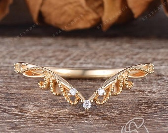 Vintage Custom Curved Moissanite Wedding Band Women Yellow Gold Band Matching Band Vine Flower Ring Filigree Milgrain Ring V Shaped Band