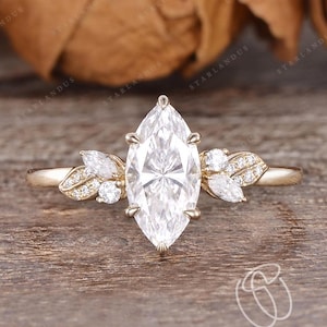Natural Inspired Marquise Cut Moissanite Engagement Ring Yellow Gold Unique Cluster Leaf Ring Wedding Ring Women Promise Anniversary Ring