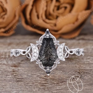 Unique Coffin Cut Black Rutilated Quartz Engagement Ring White Gold Vintage Black Crystal Ring Milgrain Moon Star Ring Celtic Knot Ring
