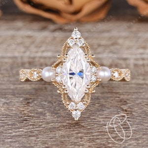 1ct Marquise Moissanite Engagement Ring Unique Marquise Ring White Gold Wedding Ring Pearl Moissanite Vintage Style Antique one of a kind