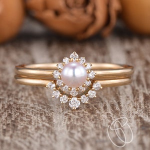 Akoya Pearl Engagement Ring Set 2pcs Gold Bridal Set Cluster Engagement Ring Half Halo Wedding Band Curved Antique Rings June Birthstone