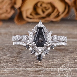 Coffin Cut Salt and Pepper Crystal Ring 3pcs White Gold Moon Engagement Ring Black Rutilated Quartz Engagement Ring Crystal Engagement Gift