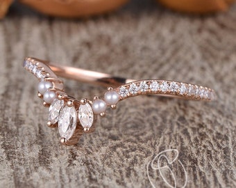 Custom Pearl Diamond Ring Curved Matching Band Rose Gold Marquise Moissanite Ring Cluster Band Chevron Guard Wedding band Women Birthstone