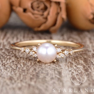 Pearl Engagement Ring Cluster Ring Moissanite Flower Ring Star Unique Wedding Ring Natural Akoya Pearl Ring June Birthstone Anniversary