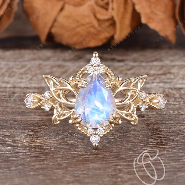 Inspired Butterfly Pear Moonstone Engagement Ring Yellow Gold Celtic Vintage Ring Natural Ring Fairy Ring Wedding Ring for Women