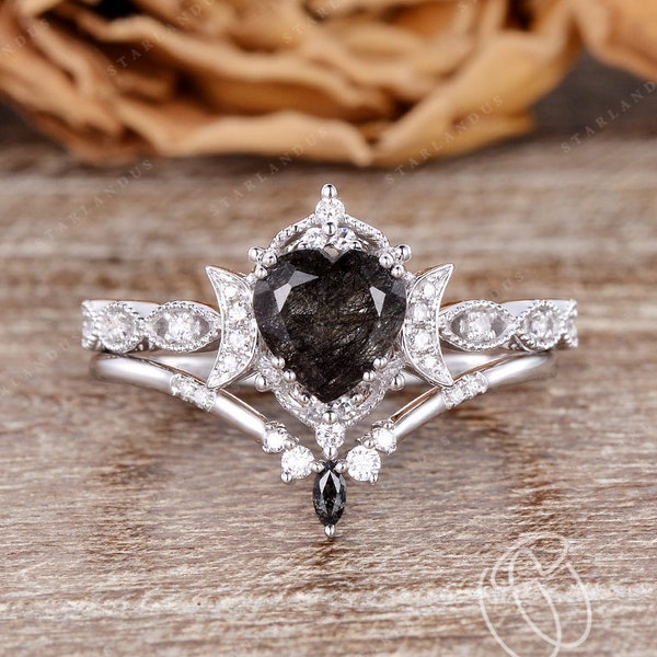 Heart Shaped Salt and Pepper Crystal Moon Engagement Ring White Gold Vintage Black Rutilated Quartz Ring 2pcs Milgrain Black Crystal Ring