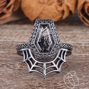 Unique Gothic Coffin Cut Ring Black Rutilated Quartz Rings Engagement Ring Set Black Gold Ring Spider Web Wedding Ring Set Crystal Goth Ring