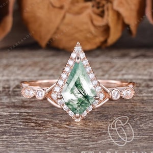 Natural Moss Agate Engagement Ring Unique Kite Cut Moss agate Ring Rose Gold Twisted Vintage Engraved Inspired Wedding Ring Promise Ring