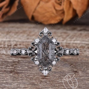 Vintage Hexagon Salt and Pepper Crystal Ring Black Gold Black rutilated quartz Engagement Ring One of a kind Promise Ring Anniversary Gift