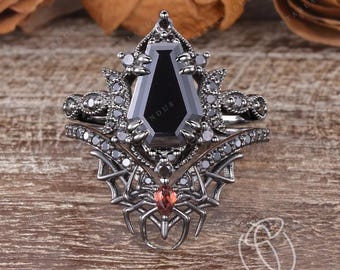 Coffin Black Moissanite Engagement Ring Set Black Gold Ring Gothic Spider Ring Moon Ring Double claw Ring Vintage Wedding Ring with Garnet