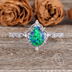 Lab Black Opal Engagement Ring White Gold Art Deco Engagement Ring Antique Flower Inspired Ring Milgrain Halo Pear Shaped Engagement Ring