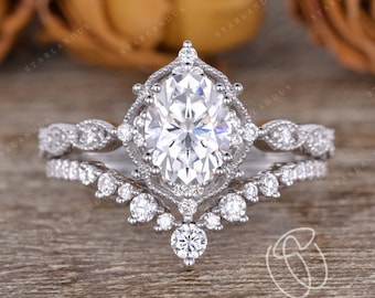 1.5ct Oval Moissanite Boho Ring Set 2pcs Vintage Style Unique Rose Gold Bridal Set White Gold Art Deco Ring Milgrain Vine Antique 2pcs